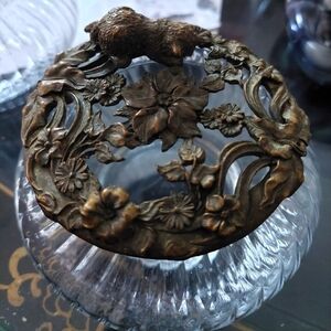 Vintage* Rawcliffe Pewter Cat in Flowers Lid with Glass Bowl